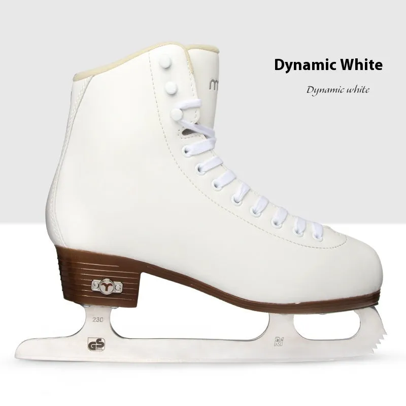 Children beginners three-color roller skates with genuine leather upper and stainless steel frame on a light background