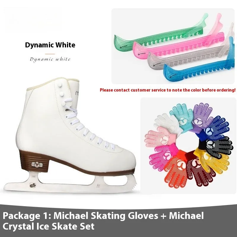 Children beginners three-color roller skates with genuine leather upper and stainless steel frame on a light background
