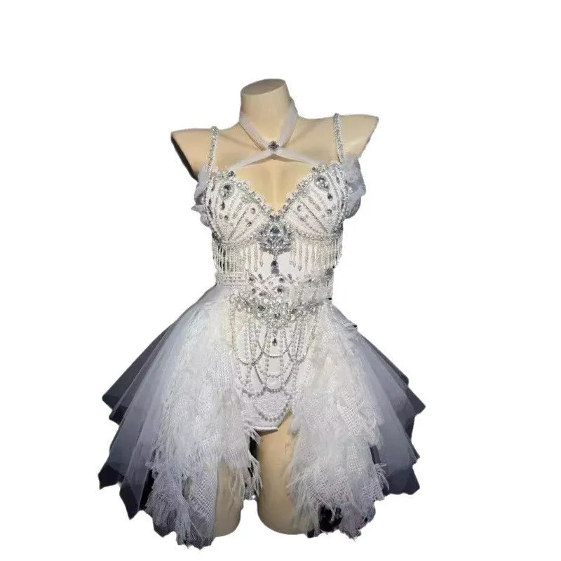 White Princess full diamond pearl tassel high waist bikini set with floor-length skirt in spandex