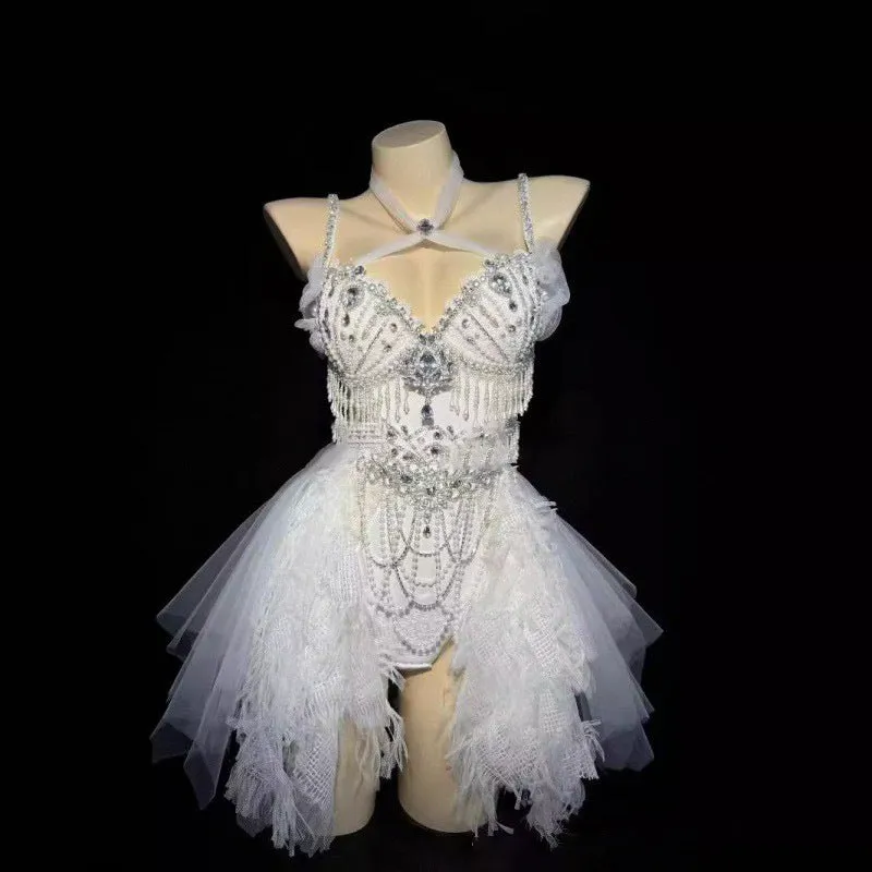 White Princess full diamond pearl tassel high waist bikini set with floor-length skirt in spandex