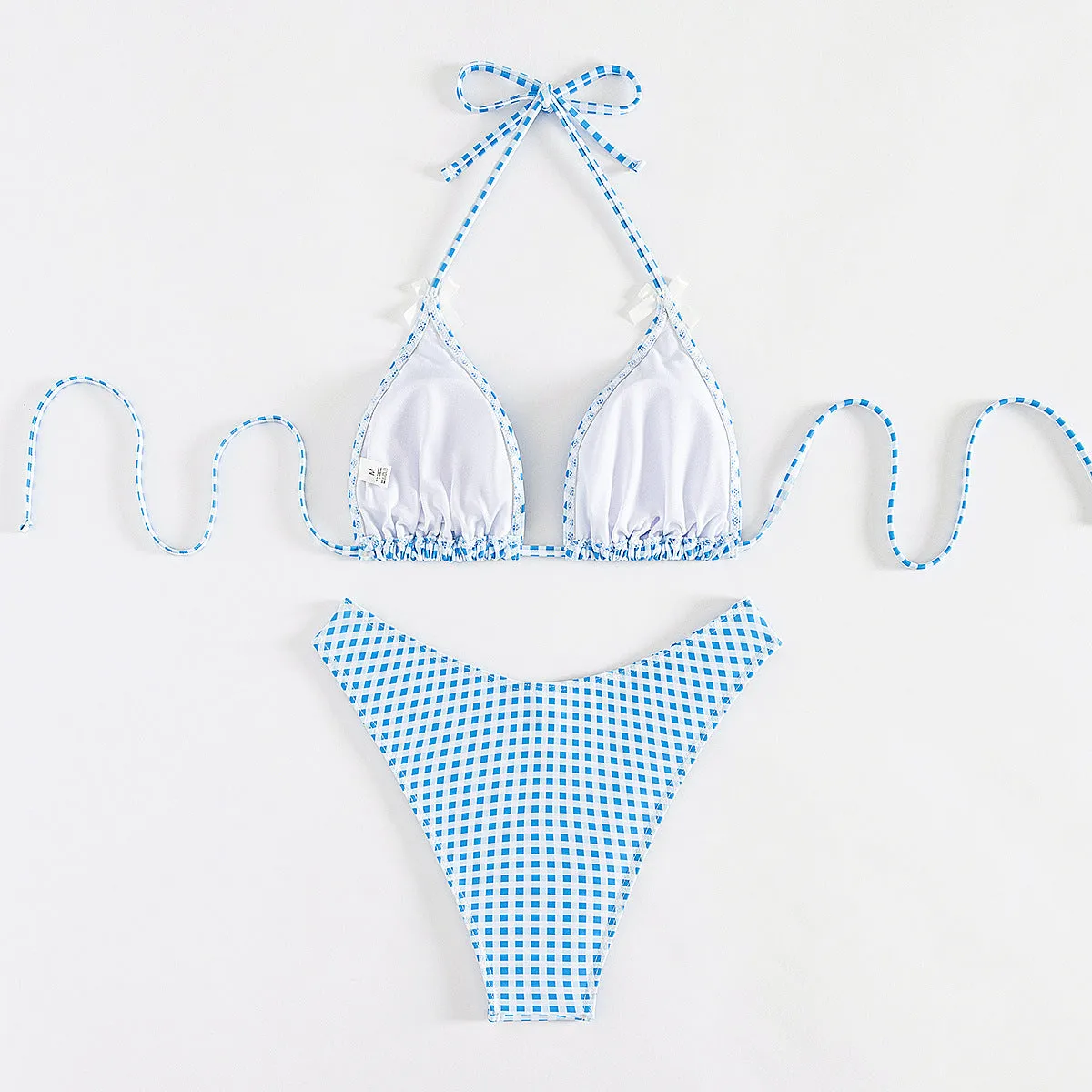 Women's plaid banded bikini swimsuit set with top and briefs in polyester