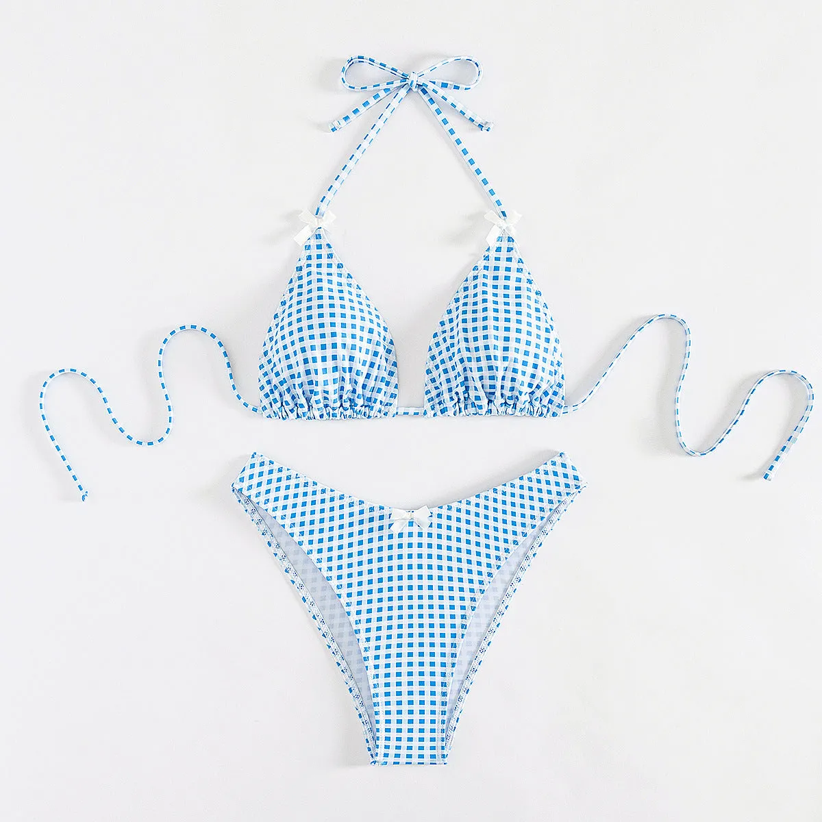 Women's plaid banded bikini swimsuit set with top and briefs in polyester