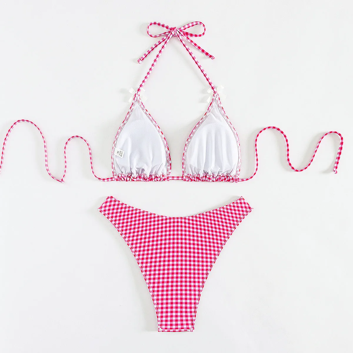 Women's plaid banded bikini swimsuit set with top and briefs in polyester