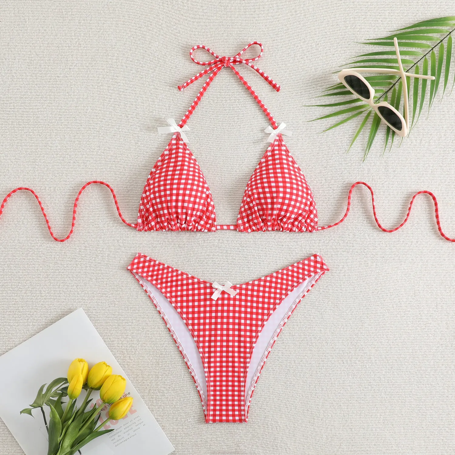 Women's plaid banded bikini swimsuit set with top and briefs in polyester