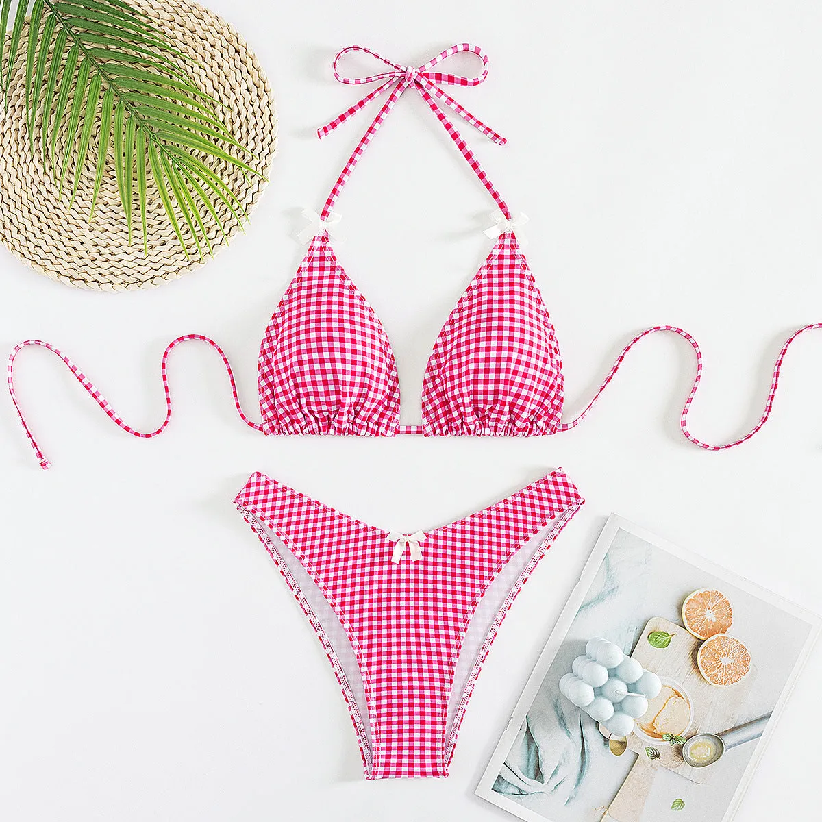 Women's plaid banded bikini swimsuit set with top and briefs in polyester