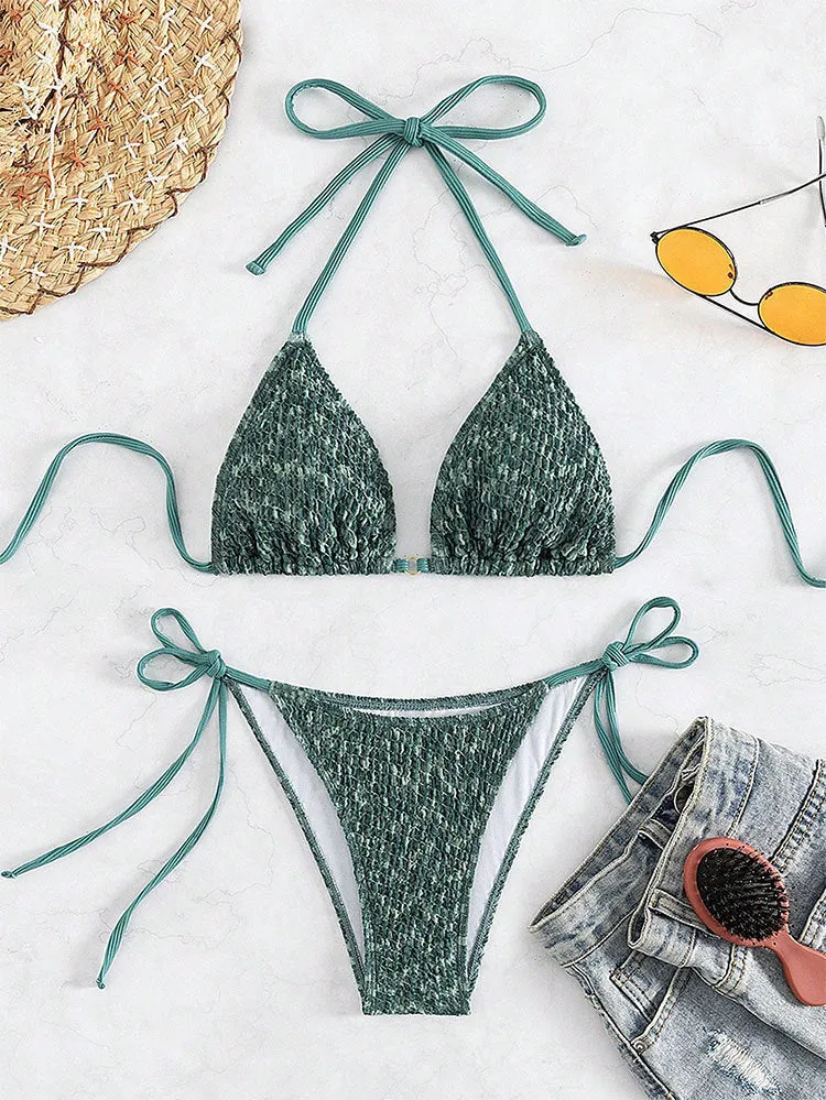 Women's green or pink three-point halter strap backless swimsuit with matching shorts