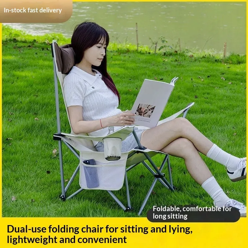 Portable folding recliner chair in beige for outdoor and office use, folded for storage