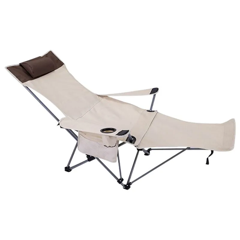 Portable folding recliner chair in beige for outdoor and office use, folded for storage