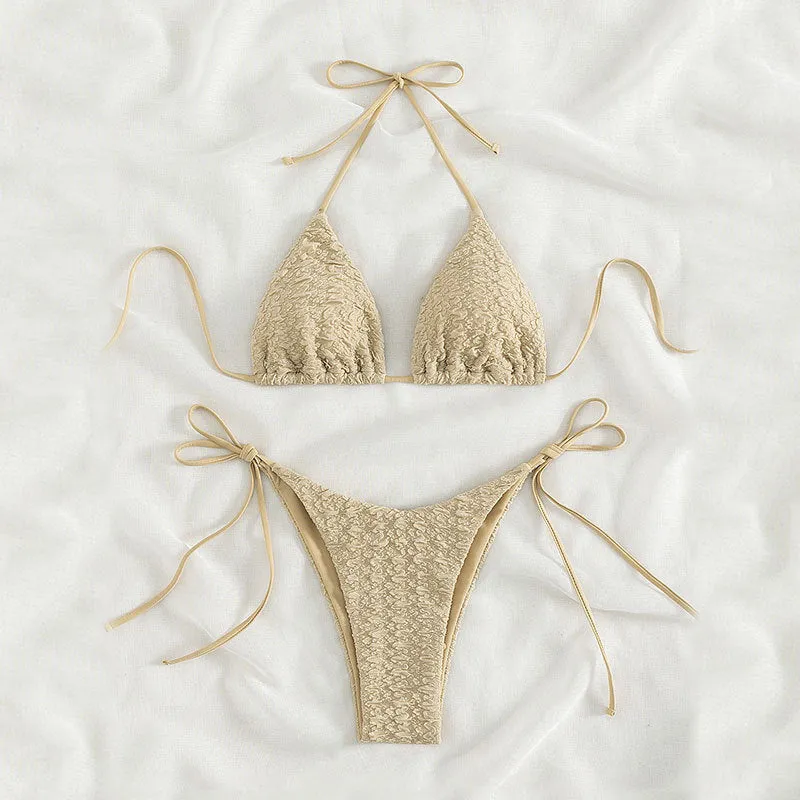 Women's khaki high waist bikini set with lace-up sides on the shorts.
