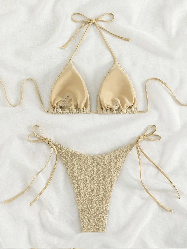 Women's khaki high waist bikini set with lace-up sides on the shorts.