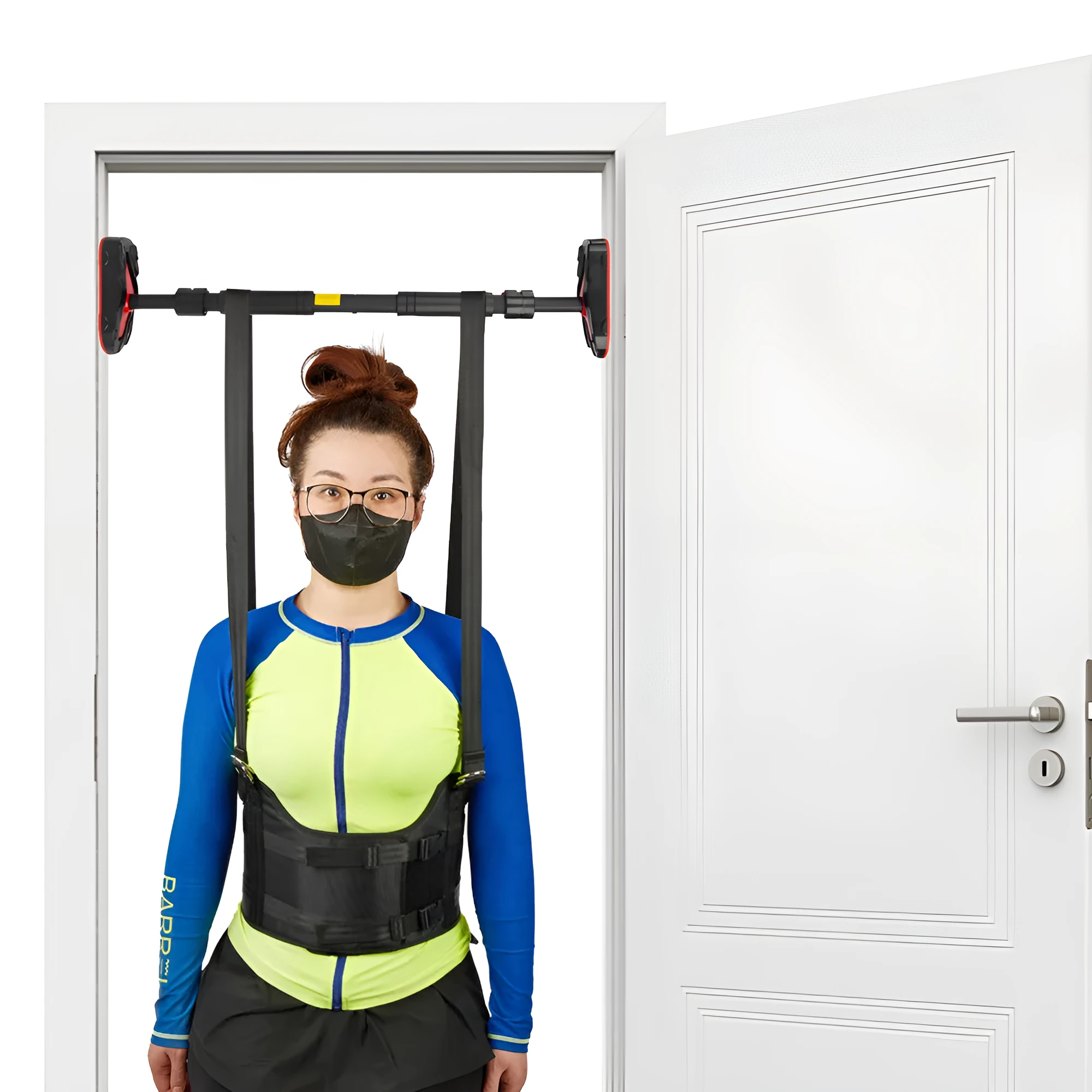 Black neoprene decompression back tensioner with hanging stretching belt for spine massage and traction