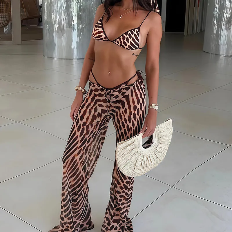 Leopard print bikini set for women with exposed navel and no-back trousers style swimwear