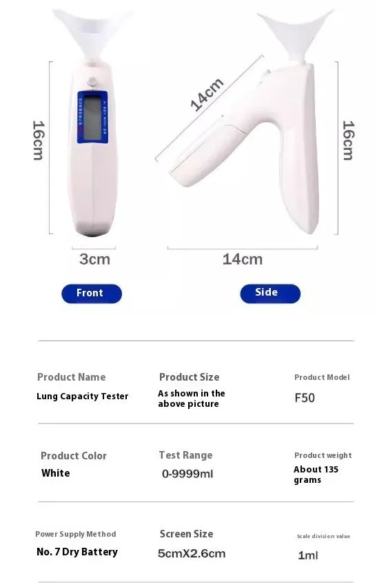 Handheld white spirometer tester with LCD screen and blowing nozzle for lung capacity measurement
