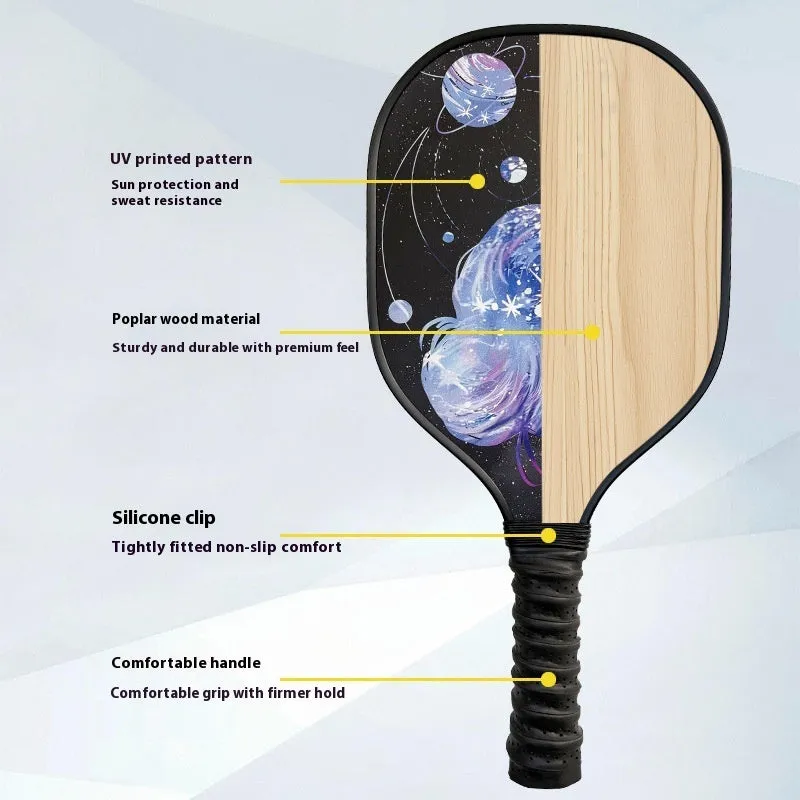 Wooden pickleball paddle racket 400x192x11mm in Starry Night Ancient Town design