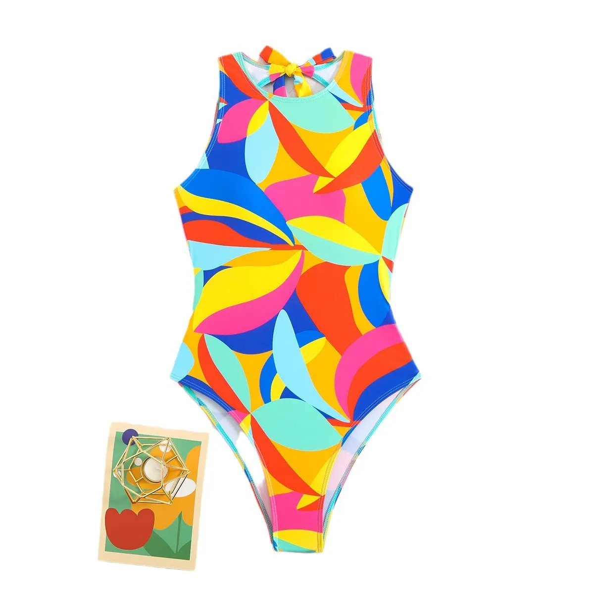 Women's multi-colour printed one-piece swimsuit, tight fit, available in sizes S M L XL, black colour option