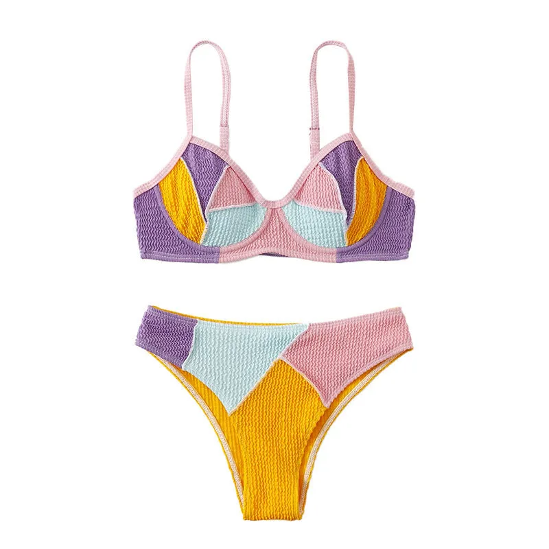 Ladies steel bracket push-up bikini set with stitching detail and matching shorts in colour matching design