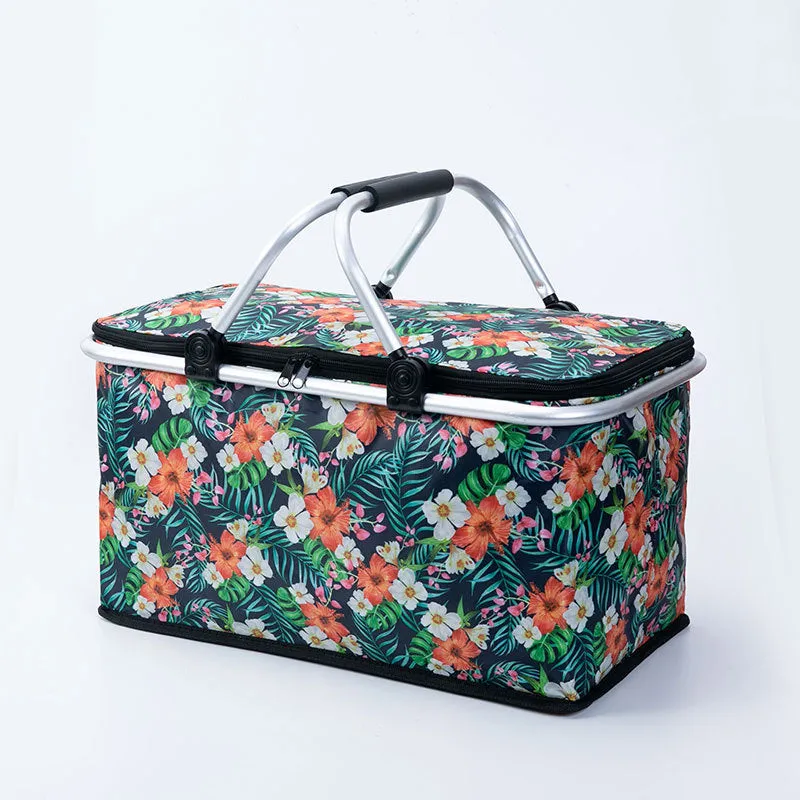 Foldable insulated picnic basket made from Oxford cloth in blue maple leaf colour for outdoor use
