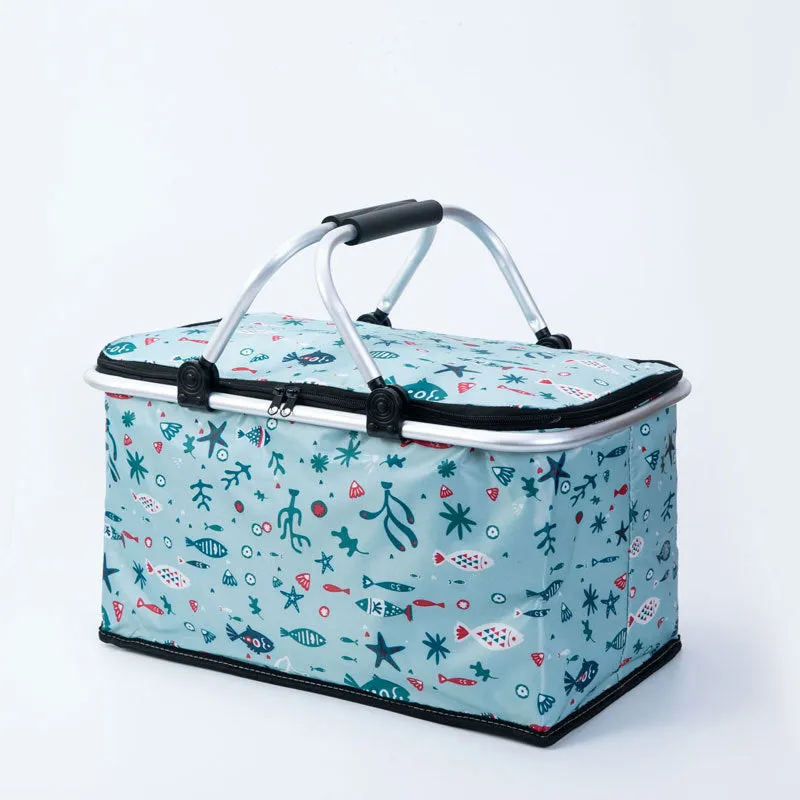 Foldable insulated picnic basket made from Oxford cloth in blue maple leaf colour for outdoor use
