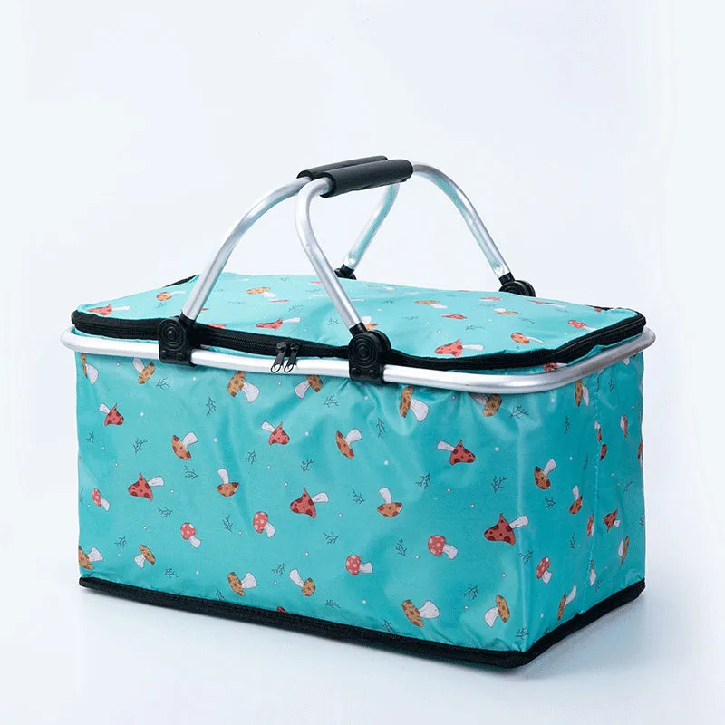 Foldable insulated picnic basket made from Oxford cloth in blue maple leaf colour for outdoor use