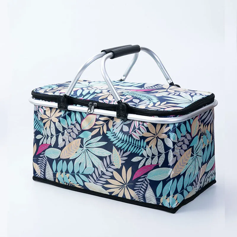 Foldable insulated picnic basket made from Oxford cloth in blue maple leaf colour for outdoor use