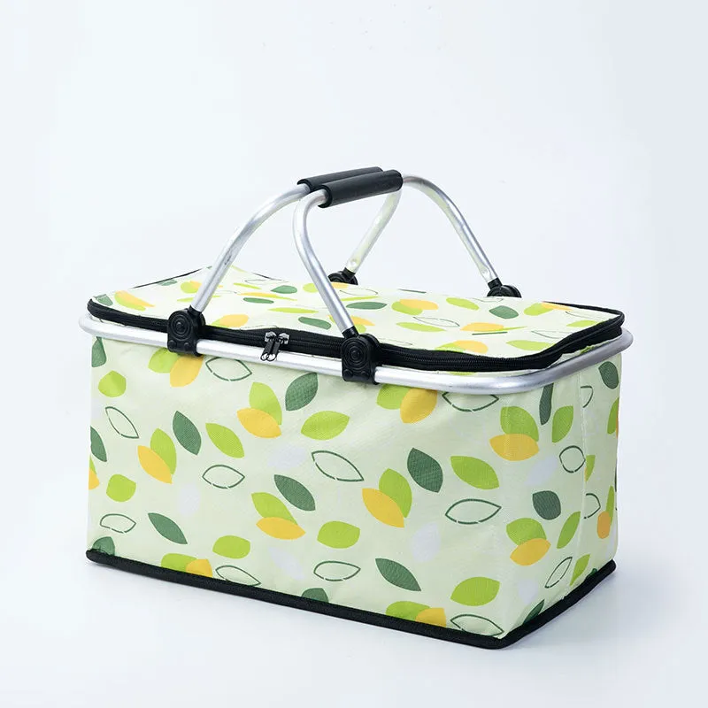 Foldable insulated picnic basket made from Oxford cloth in blue maple leaf colour for outdoor use