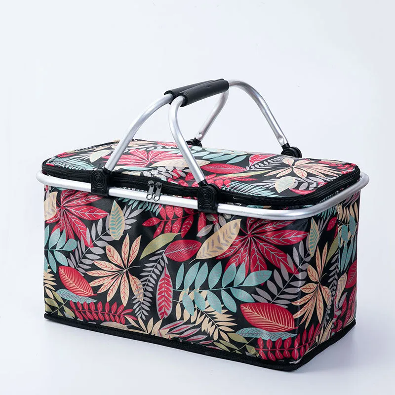 Foldable insulated picnic basket made from Oxford cloth in blue maple leaf colour for outdoor use