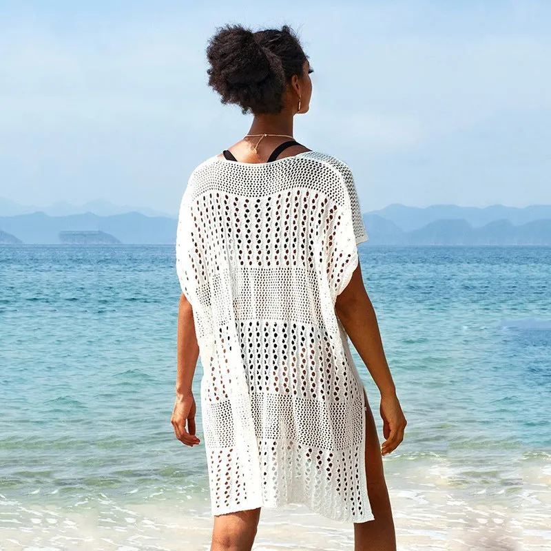 Women's irregular knitting cutout cotton bikini blouse in white, free size beach top