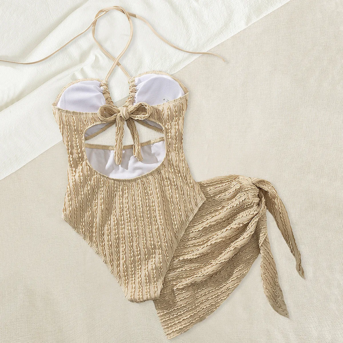 Solid khaki one-piece swimsuit with hollow-out cutout detail, polyester fibre, women's beachwear