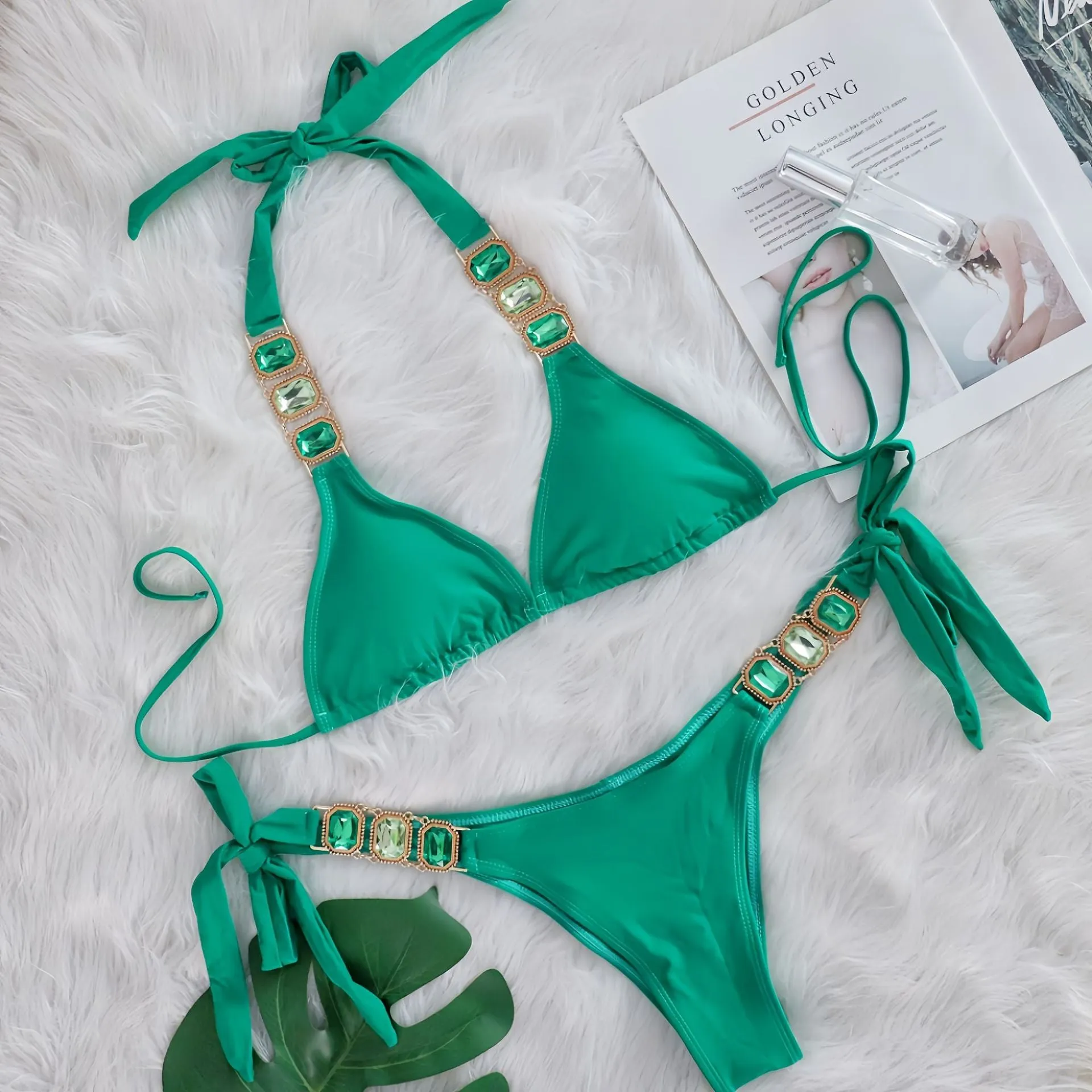 Women's crystal diamond bikini split nylon two-piece swimsuit in multiple colours including black, blue, and emerald