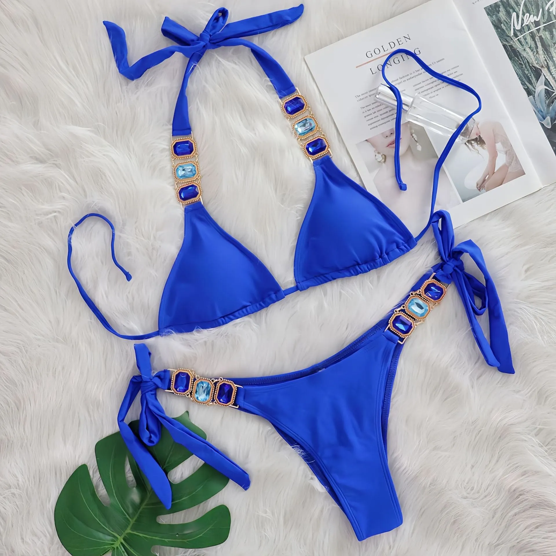 Women's crystal diamond bikini split nylon two-piece swimsuit in multiple colours including black, blue, and emerald