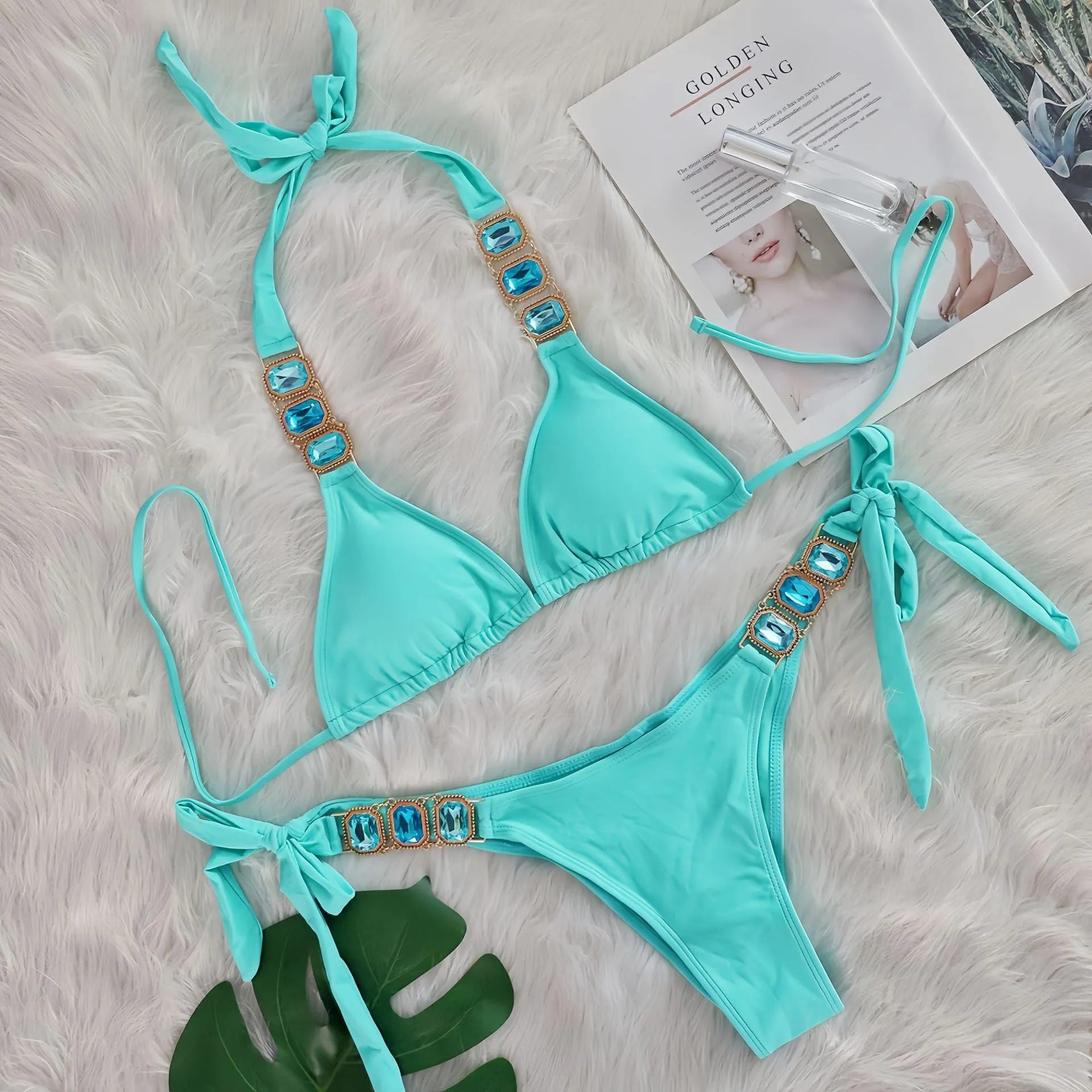 Women's crystal diamond bikini split nylon two-piece swimsuit in multiple colours including black, blue, and emerald
