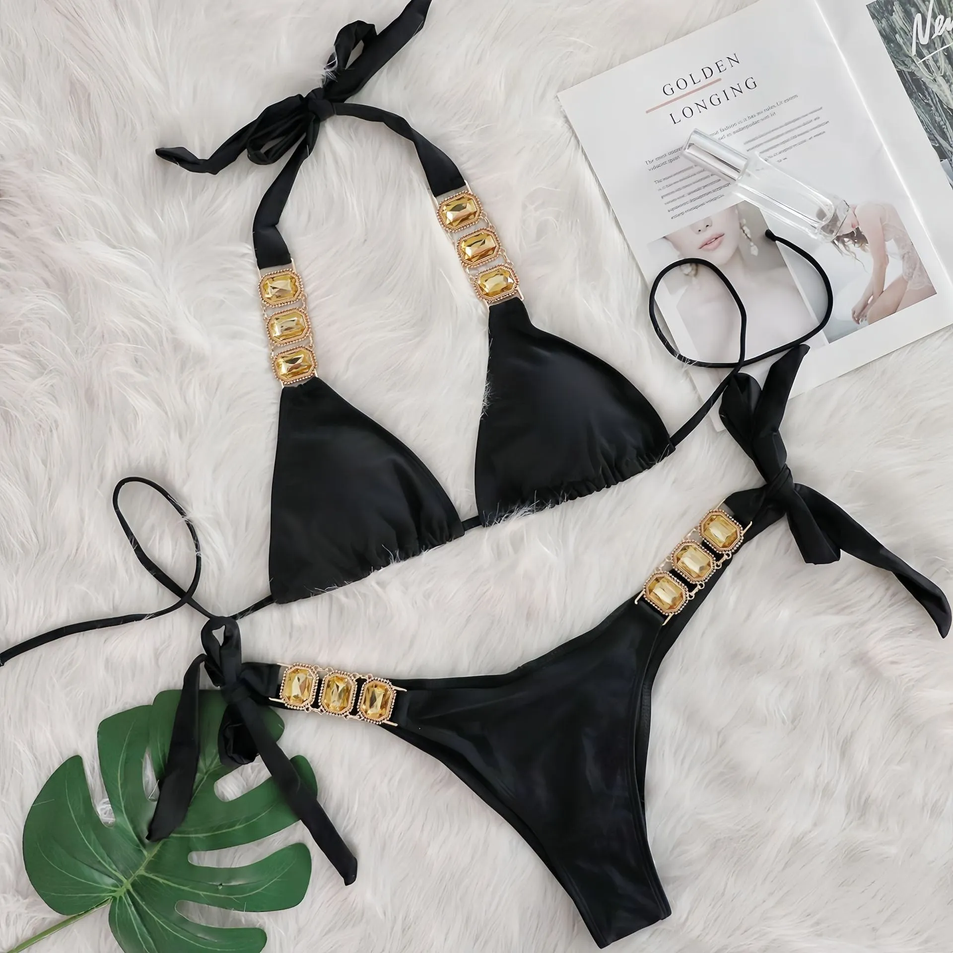 Women's crystal diamond bikini split nylon two-piece swimsuit in multiple colours including black, blue, and emerald