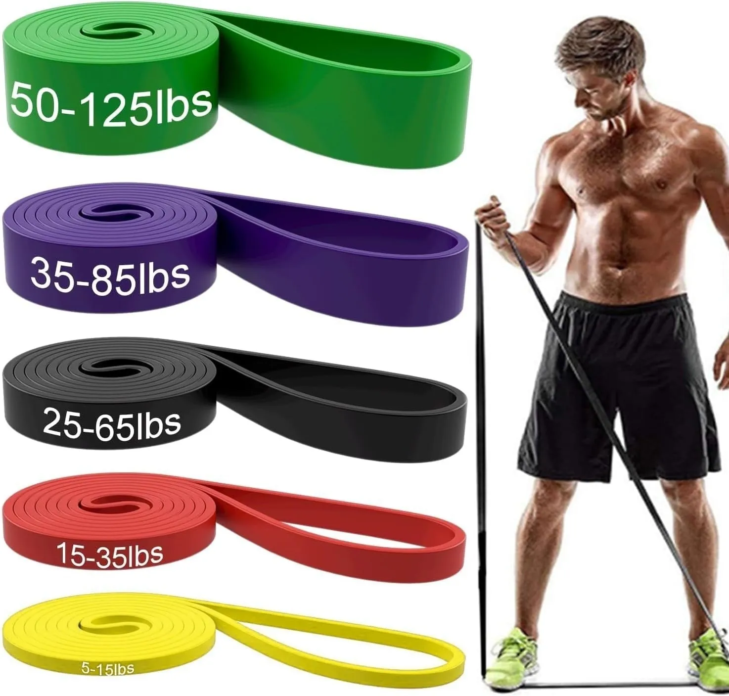 Set of five TPE resistance bands in yellow, red, black, purple, and green for home gym strength training.