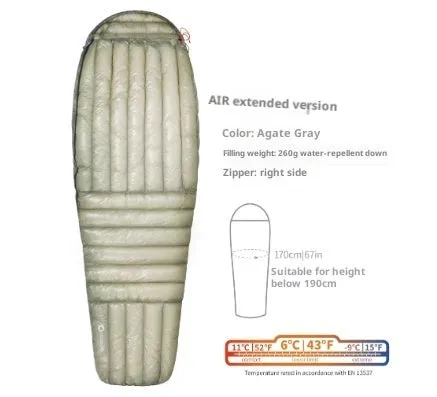 Ultra-light nylon down-filled envelope sleeping bag for camping with duck down insulation in outdoor setting