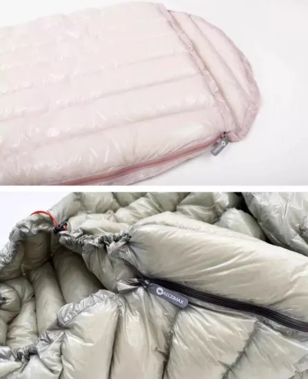 Ultra-light nylon down-filled envelope sleeping bag for camping with duck down insulation in outdoor setting