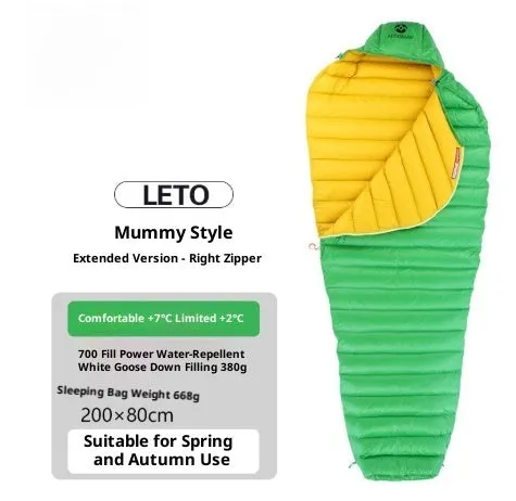 Ultralight goose down mummy sleeping bag for adults in blue, green, and grey colour options