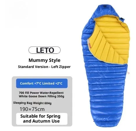 Ultralight goose down mummy sleeping bag for adults in blue, green, and grey colour options