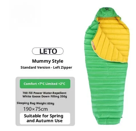 Ultralight goose down mummy sleeping bag for adults in blue, green, and grey colour options