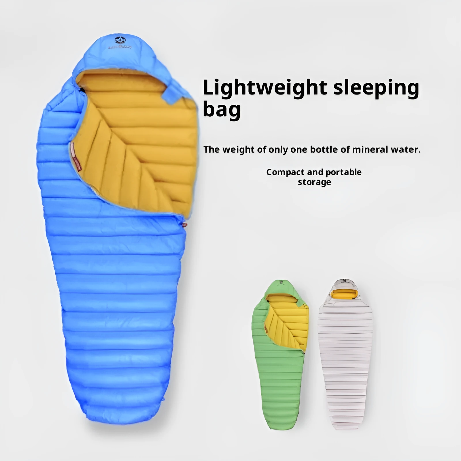 Ultralight goose down mummy sleeping bag for adults in blue, green, and grey colour options