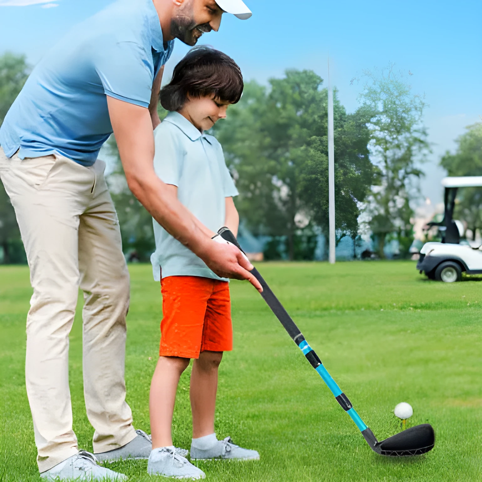 Golf three-section telescopic cutting rod with black grip and black rod head extended to 85cm