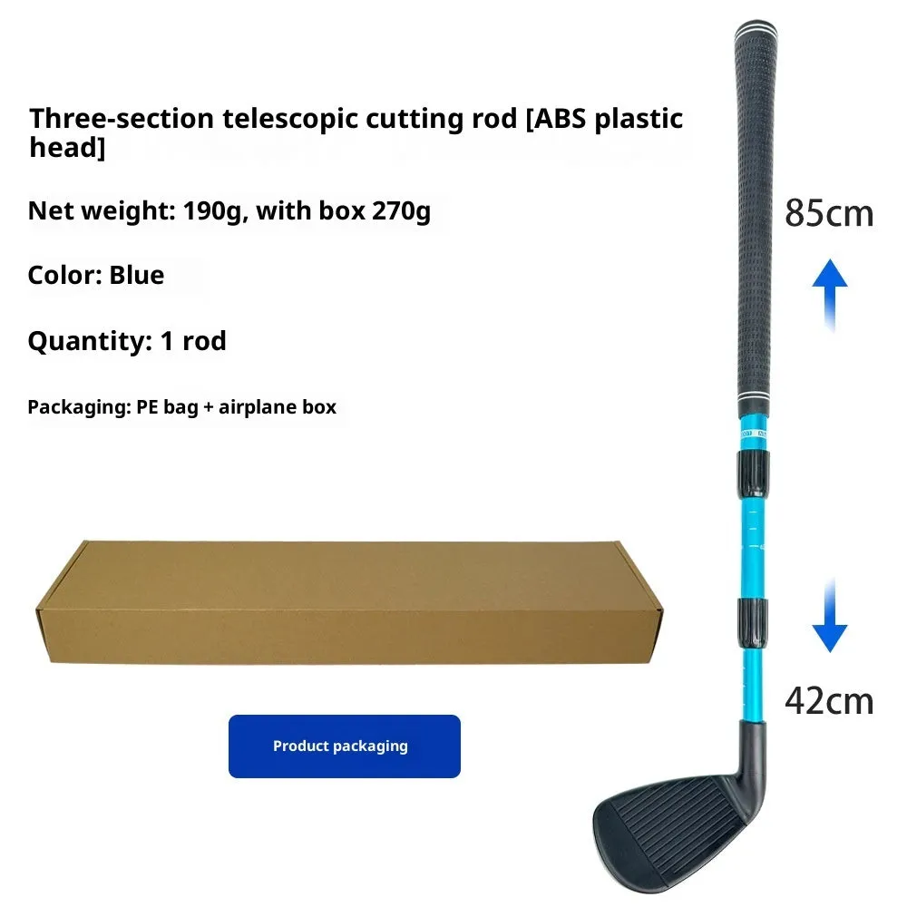 Golf three-section telescopic cutting rod with black grip and black rod head extended to 85cm