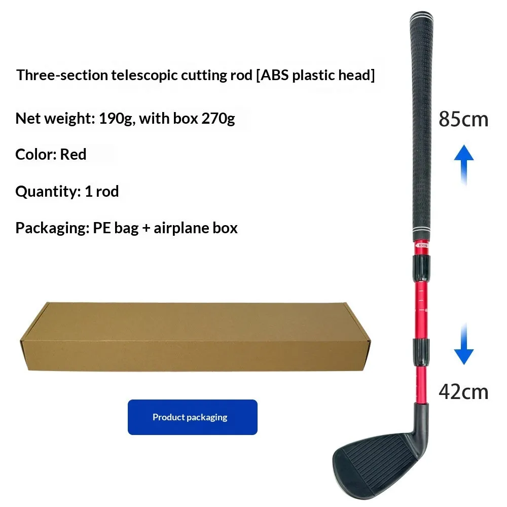 Golf three-section telescopic cutting rod with black grip and black rod head extended to 85cm