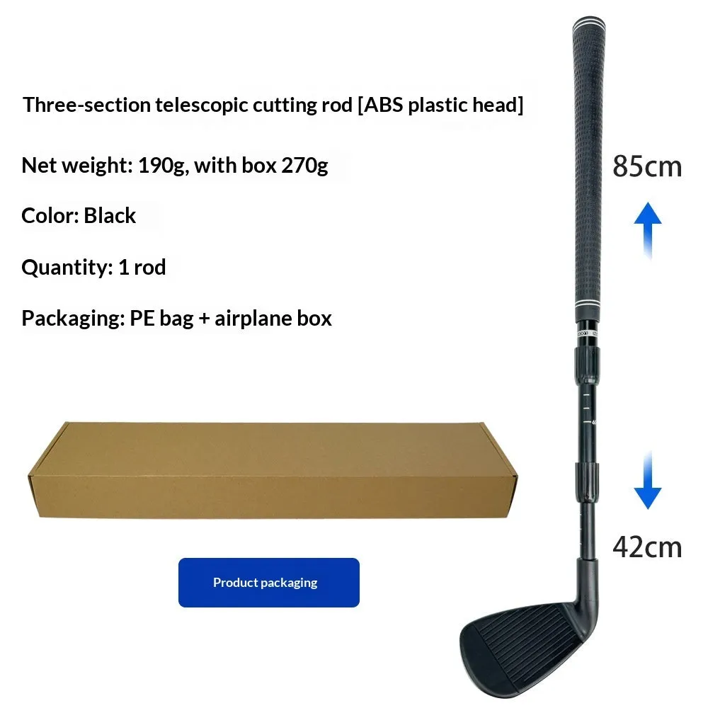 Golf three-section telescopic cutting rod with black grip and black rod head extended to 85cm