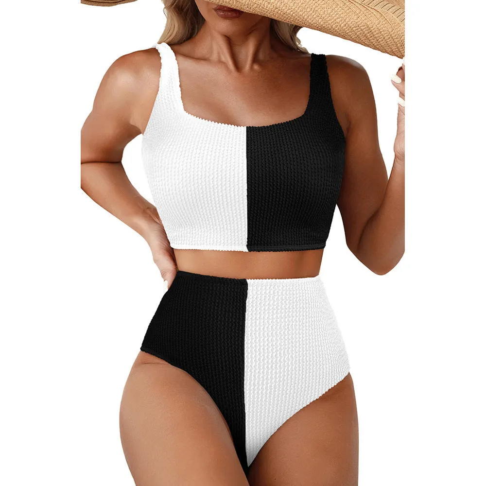 Women's simple fashion swimsuit set in black, sleeveless two-piece polyester swimwear