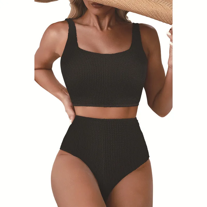 Women's simple fashion swimsuit set in black, sleeveless two-piece polyester swimwear
