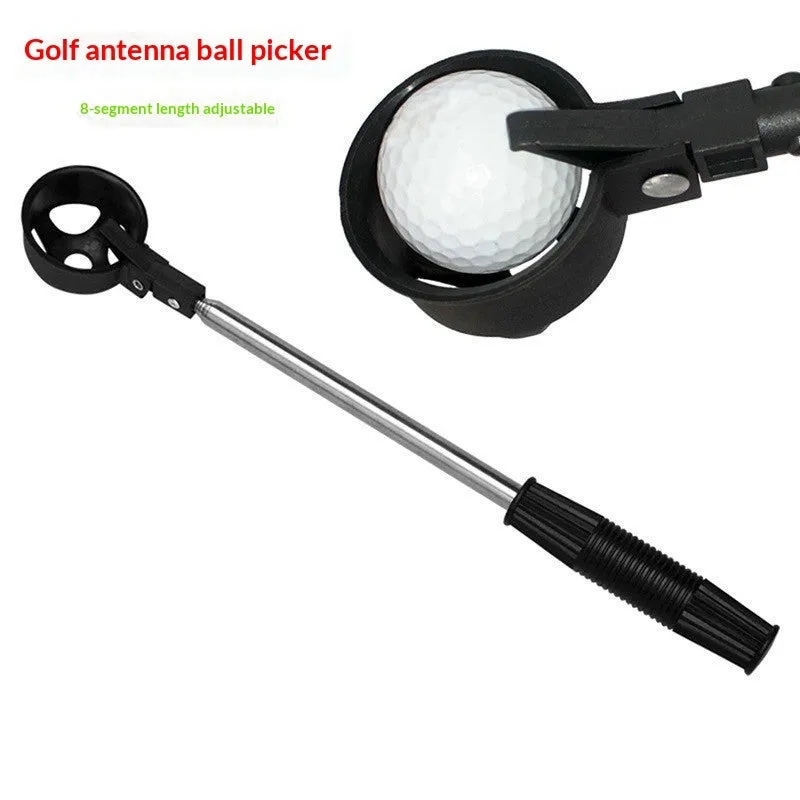 Black stainless steel retractable golf ball retriever with plastic head on golf course