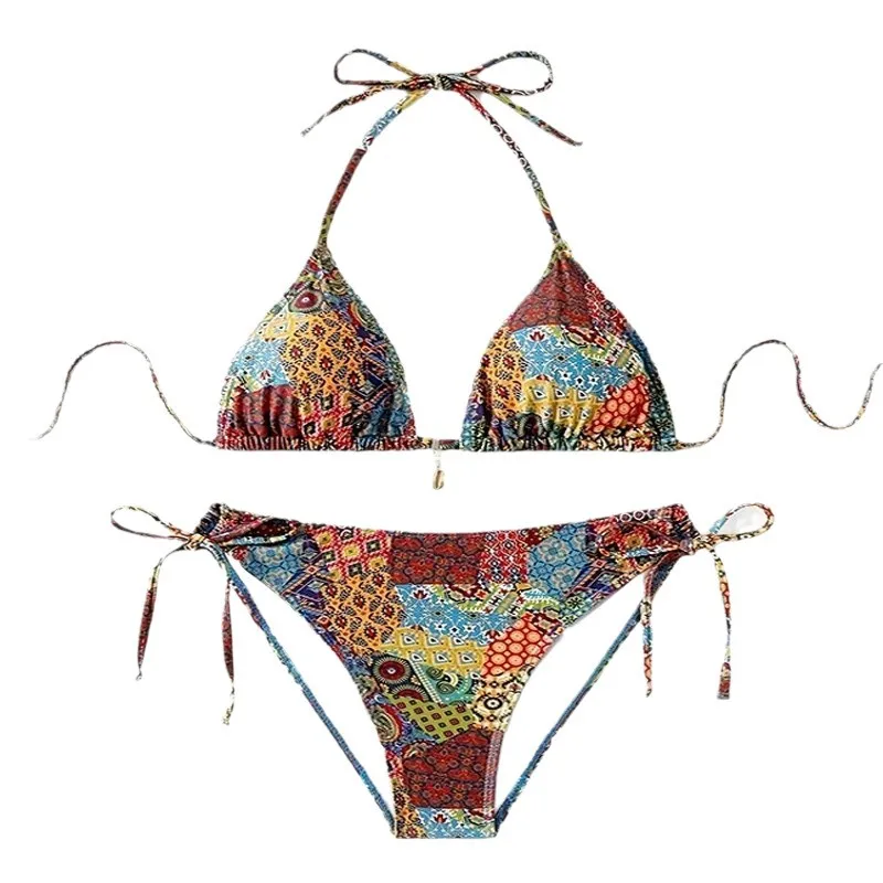 Print tie-separated swimsuit for women, high waist bikini in polyester, available in blue green red