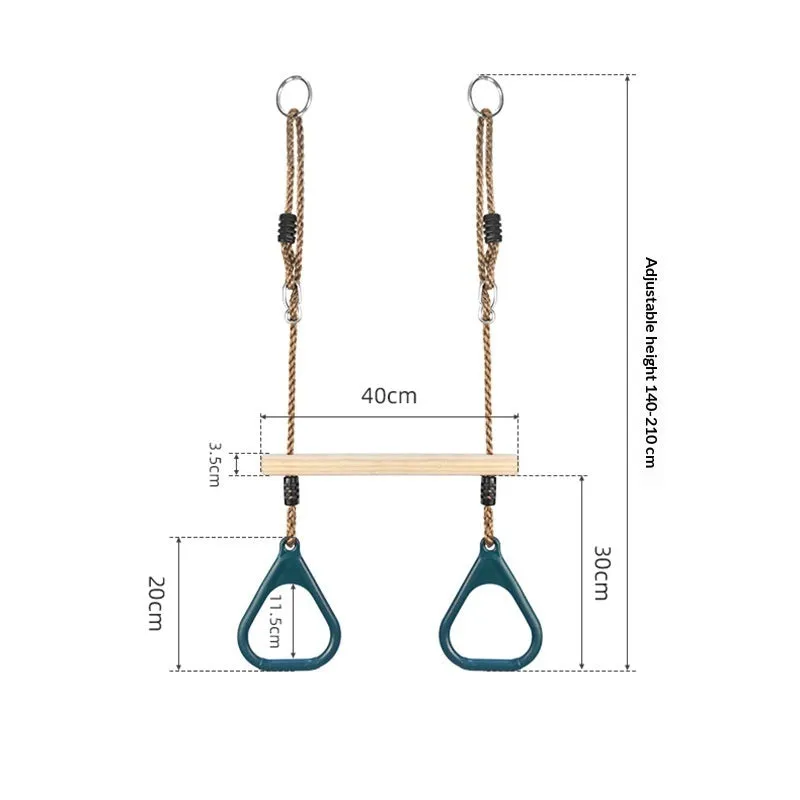 Children's horizontal bar with wooden ring swing in green, 57.5x169 cm, for indoor outdoor arm exercise