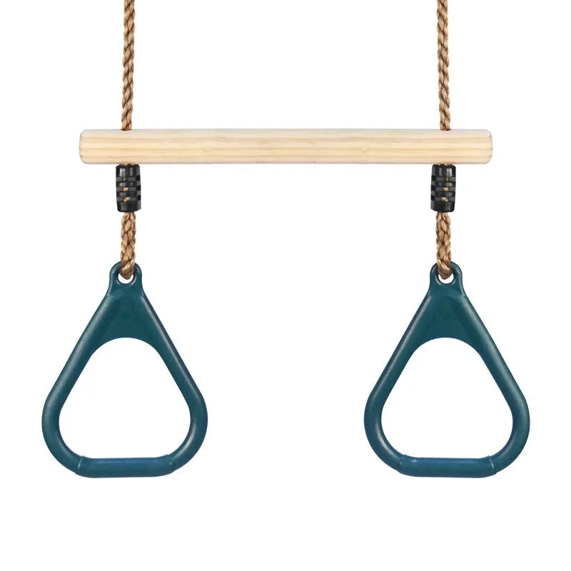 Children's horizontal bar with wooden ring swing in green, 57.5x169 cm, for indoor outdoor arm exercise