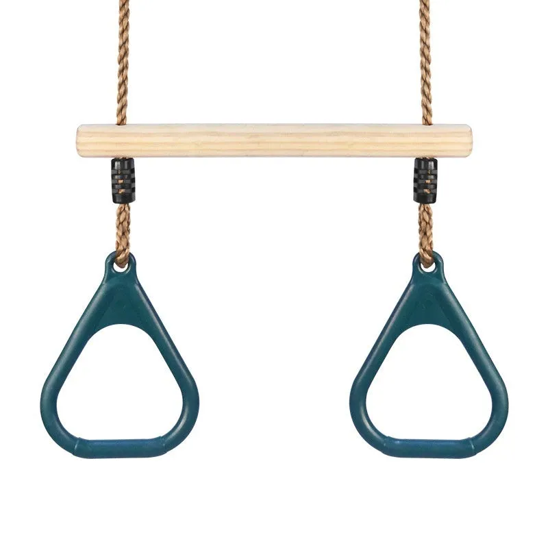 Children's horizontal bar with wooden ring swing in green, 57.5x169 cm, for indoor outdoor arm exercise